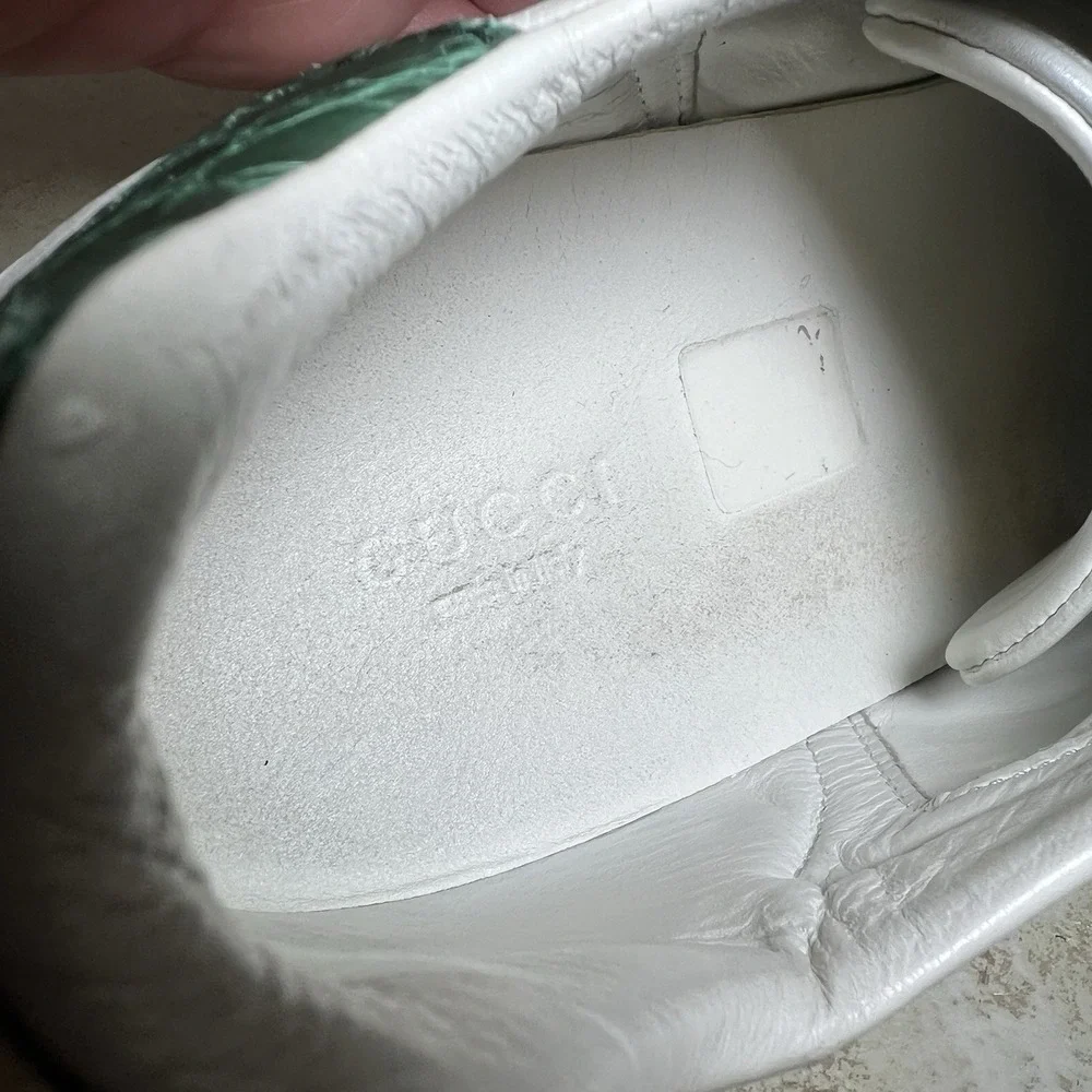 Authentic Gucci Ace Leather Sneakers Green Croc Trim Classic Web Striped Size 40